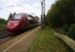 Ein Nachschuss vom  Thalys aus Paris(F)-Köln-Hbf kommt aus Richtung Aachen-West als Umleiter und fährt durch Kohlscheid und fährt in Richtung Herzogenrath,Neuss. 
Bei schönem Herbstwetter am Nachmittag vom 11.10.2014.