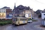 SNCV Tw 9137 in der Rue Winston Churchill in Courcelles Motte auf der damaligen Linie Trazegnies - Courcelles - Motte - Gosselies - Jumet - Charleroi, 30.05.1987, knapp ein Jahr vor der Einstellung im April 1988.