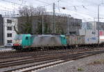 Die Cobra 2822 kommt aus Richtung Montzen/Belgien mit einem Containerzug aus Genk-Zuid Haven(B) nach Novara(I) und fährt in Aachen-West ein.
Aufgenommen vom Bahnsteig in Aachen-West.
Bei Wolken am Nachmittag vom 24.1.2018.
