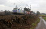 186 297-8  Aachen  von der Rurtalbahn-Cargo kommt aus Richtung Aachen-West und fährt die Gemmenicher-Rampe hoch mit einem langen KLV-Containerzug aus Frankfurt-Höchstadt am Main(D) nach Genk-Goederen(B).
Aufgenommen an der Montzenroute am Gemmenicher-Weg. 
Bei Sonne und Regenwolken am Nachmittag vom 22.2.2019.