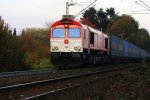 Die Class 66 DE6310  Griet  von Crossrail kommt mit einem Bulkhaul-Ganzzug von Aachen-West nach Zeebrugge-Ramskapelle(B) und fhrt den Gemmenicher-Weg hoch.
1.11.2011