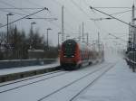 Mit Dostos aus Brandenburg erreichte RE 13011 Rostock-Sassnitz,am 02.Februar 2012,Bergen/R�gen. ...