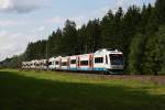 BOB Bayrische Oberland Bahn Drei Integral der BOB sind auf dem Weg nach Bayrischzell, Lenggries und Tegernsee. Aufgenommen am 14.08.2009 zwischen Deisenhofen und Sauerlach.