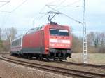 BR 101 mit Zugen 101 120 schob den IC Koblenz-Binz am 10.April 2010 bei Bergen/R�gen �ber R�gen`s Schienen und hat das Endziel Binz in wenigen Kilometer erreicht.F�r den Rest des Tages und die Nacht wird die Lok dann in Binz bleiben und am n�chsten Morgen um 10:29 Uhr ihre Reise mit neuen Ziel Stuttgart beginnen.