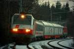 br-1014 1014 003 + 1014 014 fahren mit dem Messzug SPROB 97708 von Unzmarkt nach Leoben. 
Zeltweg 9.2.2010