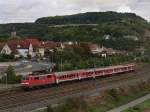 BR 111 mit Zugen Die 111 168 am 29.08.2009 mit einer RB bei der Einfahrt in Retzbach-Zellingen.