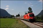 br-1116-vor-personenzugen 1116 177 legt sich mit dem EC 83 'GARDA', M�nchen Hbf - Verona Porta Nuova, beim Kloster Raisach in die Kurve. (05.08.2009)