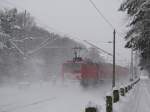 BR 143 mit Zugen Die Winterserie (4): Das ist jetzt Winter, die Schneema�en fallen zu Boden und bescheren Bestensee 17 cm Schnee (der immer noch liegt). Zu sehen ist eine 143 die eine RB 14 p�nktlich nach Nauen nachschiebt.