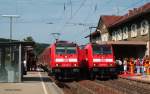 BR 146 Lokportaits 146 228-2 'St.Georgen(Schwarzw)' steht frisch getauft in St.Georgen am 11.7.10 W�hrend 146 237-3 'Karlsruhe' neben ihr mit dem RE 5183 (Karlsruhe Hbf-Kreuzlingen).