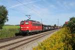 151 131 mit einem gemischten G�terzug am 14.08.2011 bei Hilperting. ...