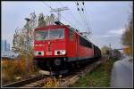 BR 155 155 085-4 vor-45504- aus Seddin, bei der Auffahrt auf die Ziegelgrabenbr�cke in Stralsund.  am 01.11.09 