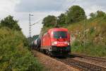 BR 182 182 002 mit einem Kesselwagenzug am 12.08.2009 bei Dollnstein im Altm�hltal.