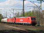 BR 185 mit Zugen 185 160-9 und 185 280-5 ziehen am 22.04.'10 zusammen einen Kreidestaub Ganzzug durch Lehrte