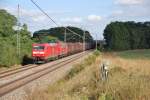 BR 185 mit Zugen Br 185 067-6 mit 155 xxx mit ein Stahlzug aus Richtung Polen durch Jacobsdorf(Mark) 23/09/2009.