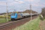 br-185-private 185 523-8 der CFL Cargo mit einem Kesselwagenzug in Magdeburg Diesdorf. Die Fahrt geht in Richtung Braunschweig, fotografiert am 22.04.2010. 