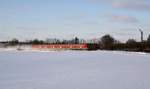 BR 218 mit Z�gen 218 329-1 schiebt am 11.02.2010 eine Wendezuggarnitur als RB nach Kiel Hbf am Neuwittenbeker ESig vorbei. Der Schnee hat es in dieser Region schon auf gut 40 cm H�he gebracht, was das Gehen auf unger�umten Wegen sehr erschwert.