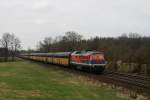 br-232-private 232 105 der NBE, aktuell im Einsatz f�r die PCT, mit einem Autozug am 10.04.2010 bei Feldmoching.