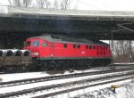 BR 233 mit Z�gen Nachschuss auf die, in Richtung Potsdam, ausfahrende 233 127 in Brandenburg Hbf am 12.02.2010.