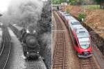 br-52 40 JAHRE EISENBAHNFOTOGRAFIE! 
Das linke Bild zeigt die �BB 52.7120 mit einem G�terzug auf der damals noch nicht elektrifizierten Wiener Vorortelinie beim Bahnhof Gersthof am 18.06.1970. Das rechte Bild zeigt exakt 40 Jahre sp�ter an der selben Stelle einen S-Bahn-Zug der Linie S 45 (�BB 4124 001-1 am 18.06.2010).
Mit dem linken Foto habe ich als Sch�ler meine systematische Arbeit an der Dokumentation des Eisenbahnwesens begonnen. Seit damals sind s�mtliche Fotos mit Ort, Aufnahmedatum und Fahrzeugnummer versehen. Das Eisenbahnwesen hat sich in den letzten vier Jahrzehnten enorm ver�ndert. Es ist jedoch nach wie vor vielf�ltig, innovativ und abwechslungsreich genug, um die Aktivit�ten als Eisenbahnfotograf auch heute noch fortzuf�hren.