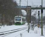 br-650-regioshuttle-private Schnee-Idyll: VT 001 der Erfurter Bahn wartet auf ihrem Abstell-Gleis im Bahnhof Eichenberg auf ihren n�chsten Einsatz. Aufgenommen am 13.02.2010.