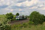 br-654-regiosprinter VT36 + VT47 bei Gutenf�rst als Lt83192 am 20.05.2009. Die Zugleistung 83191 (Sch�lerzug Hof Hbf - Gutenf�rst) und als Lt retour verkehrt nur Mo. - Fr. an Schultagen in Bayern, wobei der Lt die einzige Zugleistung der VBG von Gutenf�rst nach Hof ist, die planm��ig auf dem Regelgleis f�hrt.