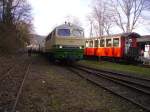 Brohltalbahn Lok D5 kommt mit einem Fotog�terzug in den Bahnhof Brohl am 2.4.10