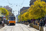 Sofia - Straßenbahn der Linie 10 Fahrtrichtung Westpark auf der Graf Ignatiev-Strasse an der Haltestelle am Sveti Sedmochislenitsi-Park. Die Linie 10 verkehrt zwischen dem Stadtviertel Chladilnika (кв. Хладилника) im Süden und dem Wohnkomplex Westpark (ж.к. Западен парк). Triebwagen in Einzeltraktion des tschechischen Herstellers ČKD Tatra. (Aufnahme: 02.04.2017 - 11:11 Uhr)