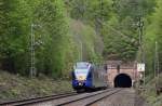 Cantus-Bahn Cantus R7 aus G�ttingen kommend auf dem Weg nach Bebra. Hier am 01.05.2010 am S�dportal des Cornberger Tunnels.