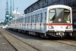 14.4.1993 - Hamburger Hafen. Für den Export bereitgestellt: Siemens Adtranz Metrobahn für Shanghai