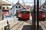 CJ 1000 mm CJ BDe 4/4 621 wartet mit seinem G�terwagen am 03.06.2009 auf die Ausfahrerlaubnis. Gut ist dass viele dieser Z�ge noch Fenster haben die man �ffnen kann.