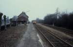 Lollandsbanen (LJ): Bahnhof Søllested am 16. Februar 1982.
