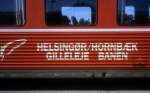 HHGB (Helsingør-Hornbæk-Gilleleje-Banen): Der Unternehmensname der HHGB ( Triebzug, Bahnhof Gilleleje im September 1992).