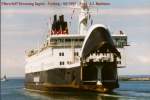 DSB - Fhrschiff Dronning Ingrid verlsst Nyborg und wird bald 180 umdrehen um nach Korsoer weiter seinen Zug weiter nach Kopenhagen zu bringen. Sommer 1995. Foto : J.J. Barbieux