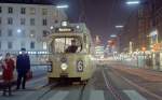 København / Kopenhagen Københavns Sporveje SL 6 (DÜWAG-GT6 809) Vesterbros Torv / Vesterbrogade / Gasværksvej im Dezember 1968.