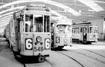 København / Kopenhagen Københavns Sporveje im April 1968: Im Betriebsbahnhof Valby halten u.a. der Tw 548 und der DÜWAG-GT6 805 als SL 6 samt dem Tw 600 als SL 10. - Scan von einem S/W-Negativ. Film: Ilford FP 3. 