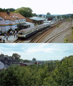 Einst und jetzt im Bergischen Land: Am 16.05.1993 ist eine 515/815-Garnitur mit einem Sonderzug im schon stark zurückgebauten Bahnhof Wipperfürth angekommen. Auf der Strecke von Remscheid-Lennep nach Wipperfürth endete der Personenverkehr am 31.05.1986, die letzten Güterzüge verkehrten noch bis Ende 1995. Ein Vierteljahrhundert später gehörte schon etwas Phantasie dazu, sich vorzustellen, dass hier einmal Züge gefahren sind...