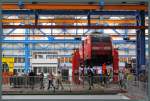 146 014 der DB Regio wird am 30.08.2014 im Fahrzeugwerk Dessau untersucht. (Aufgenommen am Tag der offenen Tür zum 85. Jubiläum des ehemaligen RAW Dessau)
