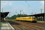 Der Schienenprüfzug 719 001 der DB Netz verlässt am 28.07.2014 den Bahnhof Köthen Richtung Halle.