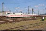 Nachschuss auf 401 084-9 (Tz 184  Bruchsal ) als ICE 75 (Linie 20) von Hamburg-Altona nach Zürich HB (CH), der den Bahnhof Basel Bad Bf (CH) auf Gleis 3 erreicht.