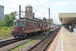 Nachschuss auf Re 4/4 170 (425 170-8)  Brig-Glis  und Re 4/4 177 (425 177-3)  Zweisimmen  am 26.06.2015, als sie über Gleis 1 in Basel Bad Bf zur BLS Abstellgruppe im nördlichen