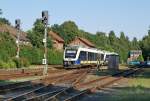 Zwei Triebwagen der Baureihe 648 als EVB nach Cuxhaven (via Bremerhaven)am 2.08.2013 bei der Einfahrt in den Bahnhhof Bremervörde.