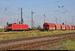 Flachwagenzug mit 187 108-6 DB durchfährt den Bahnhof Großkorbetha in südlicher Richtung.