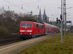 111 150-9 mit dem RE 9 (Aachen Hbf - Siegen) bei der Einfahrt in Köln Messe/Deutz.