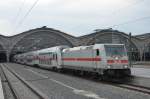 (Wolf im Schafspelz) 146 555-3 mit den dazu passenden IC Bombardier Twindexx Doppelstockwagen im Hbf Leipzig auf Test fahrt in Richtung Dresden 28.05.2015