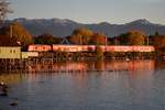 Eine Lok der BR 245 schiebt am 26.10.2017 ihren Zug im Abendlicht über den Bodenseedamm in den Endbahnhof Lindau