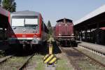 V 100 1365 hat, nachdem 3673 (18 478) zur Drehfahrt aufgebrochen ist, den Allgu-Dampf-Express umfahren, um wieder am Zugschluss zu hngen, Lindau Hbf, 10.09.11