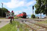 28.06.2014; 218 427 erreicht mit ihrem IRE aus Stuttgart Hbf den Bahnhof Lindau