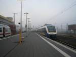 Am 27.9.08 fhrt die Nordwestbahn Wilhelmshaven-Osnabrck im Morgennebel auf Gleis 4 in den Oldenburger Hbf ein.