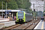 1430 043-8 (ET 6.08 | Stadler FLIRT 160) der NBE Nordbahn Eisenbahngesellschaft mbh & Co. KG als RB 83890 (RB71) von Hamburg-Altona steht im Endbahnhof Pinneberg auf der Bahnstrecke Hamburg-Altona–Kiel (KBS 103).
[5.8.2019 | 18:47 Uhr]