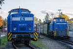 PRESS Normalspurlok 346 001 auf dem Nebengleis und Schmalspurlok 251 901 am Bahnsteiggleis in Putbus. -  16.10.2022 - Vom RÜ aufgenommen.